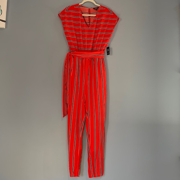 Express Pants - Express Jumpsuit Size XS Elastic Waist Tie Belt Red Striped Side Pockets NWT